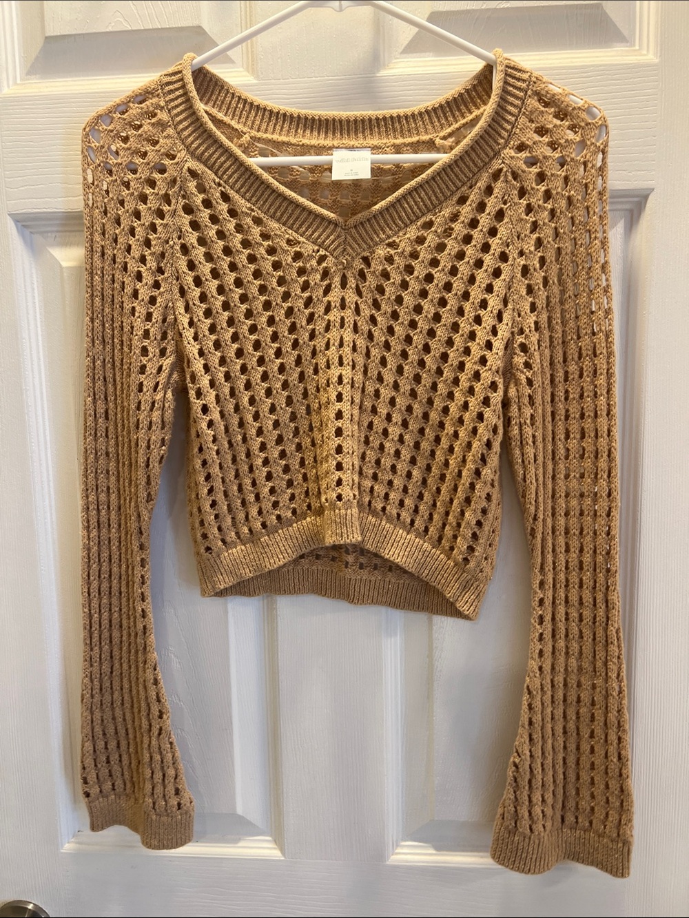Soft Open-Knit V-Neck Women’s Sweater in Camel and gold shimmer